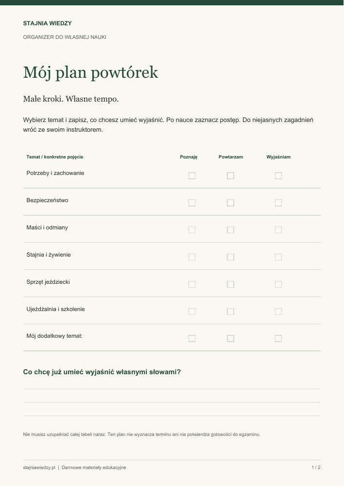 Rzeczywista pierwsza strona PDF: Mój plan powtórek